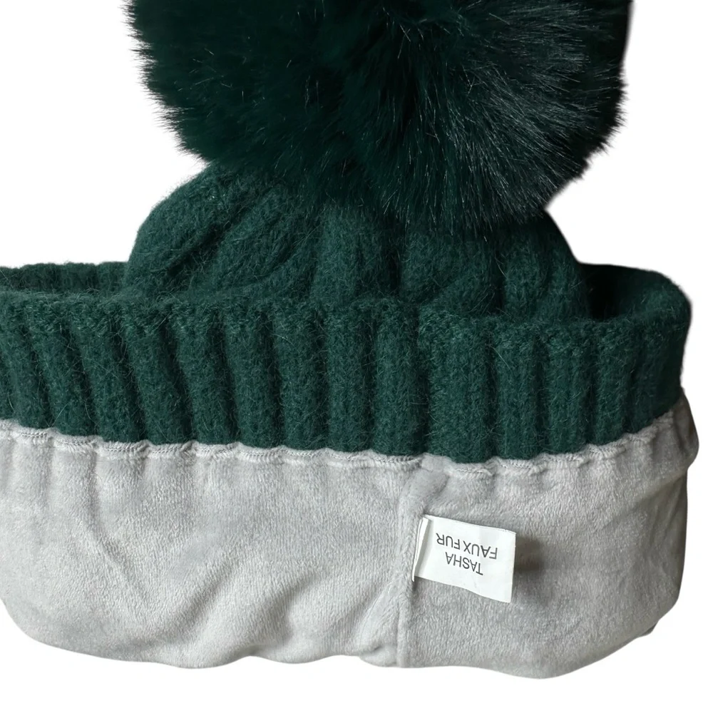 Tasha Twisted Faux Fur PomPom Beanie w Full Soft Fleece Lining Green Brand New!